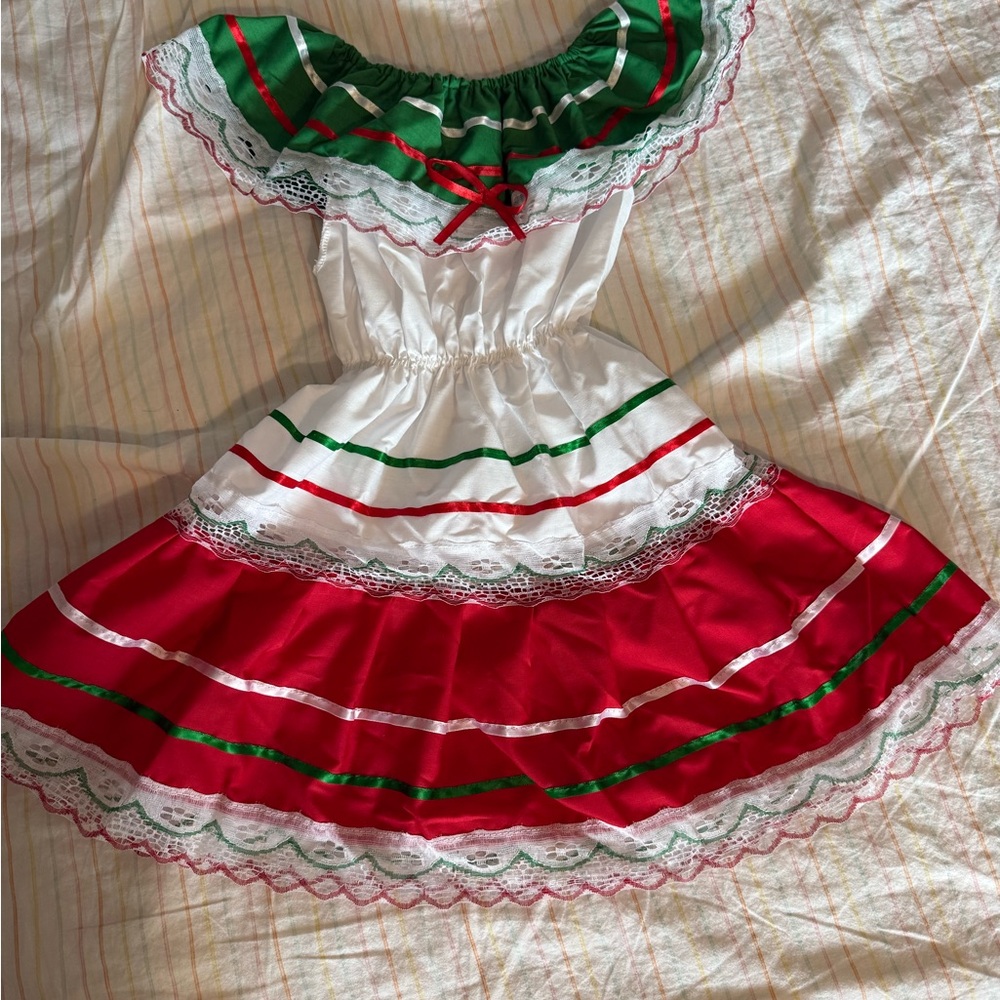 Mexican Festive Girls Dress - Red, Green, and White